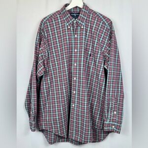 Ralph Lauren Big Shirt Red Blue Plaid Button Down Long Sleeve Cotton Logo Large